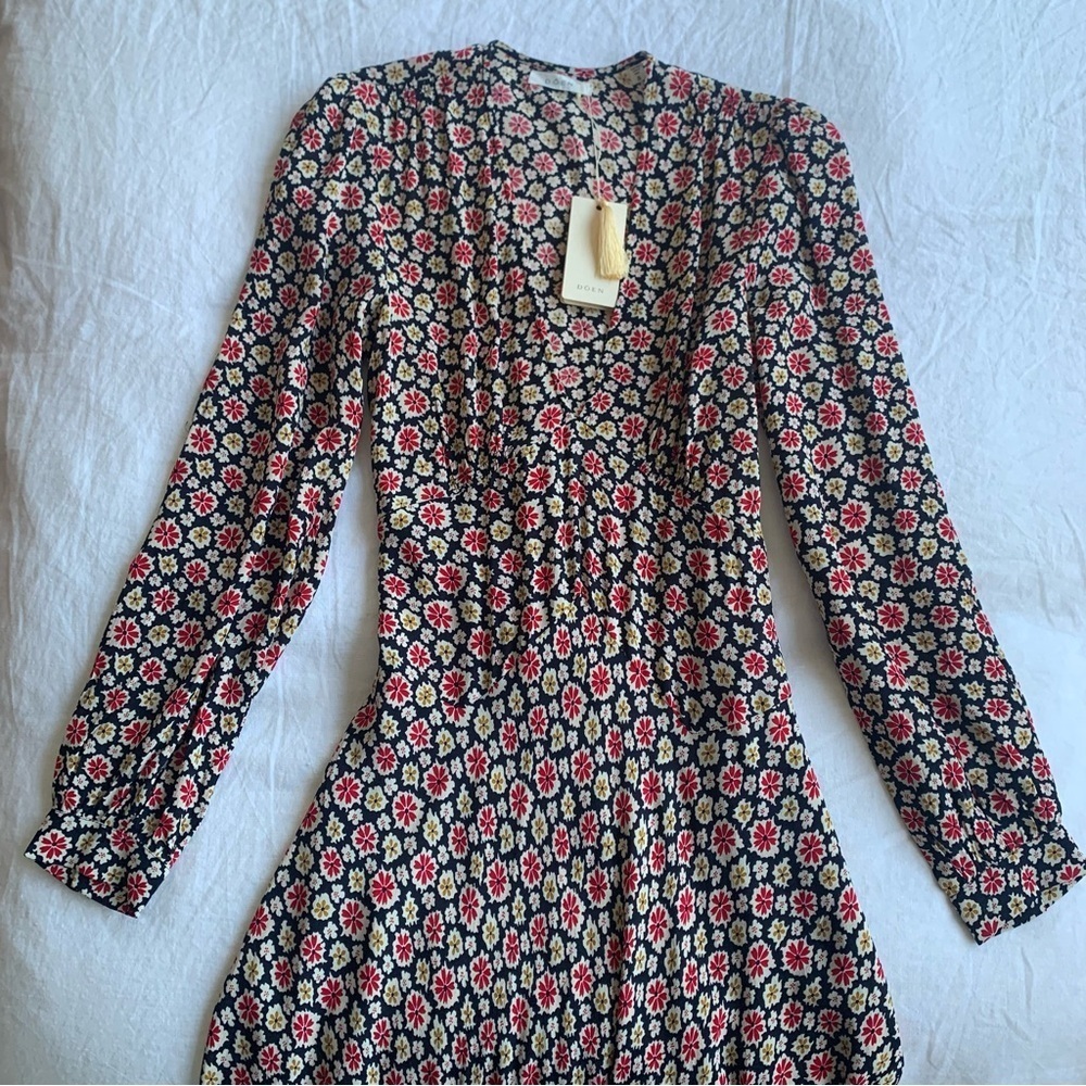 NWT Doen Charleston Deep V Neck Long Sleeve Maxi Dress Navy Bellflower Blossom - Picture 11 of 16